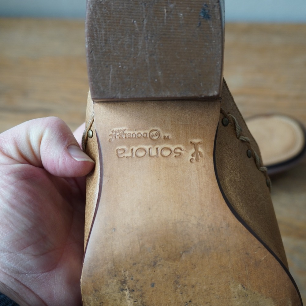 Sonora Double-H Size 8 Clogs Tan Leather Western Mules Whipstitch Studded - Picture 5 of 8